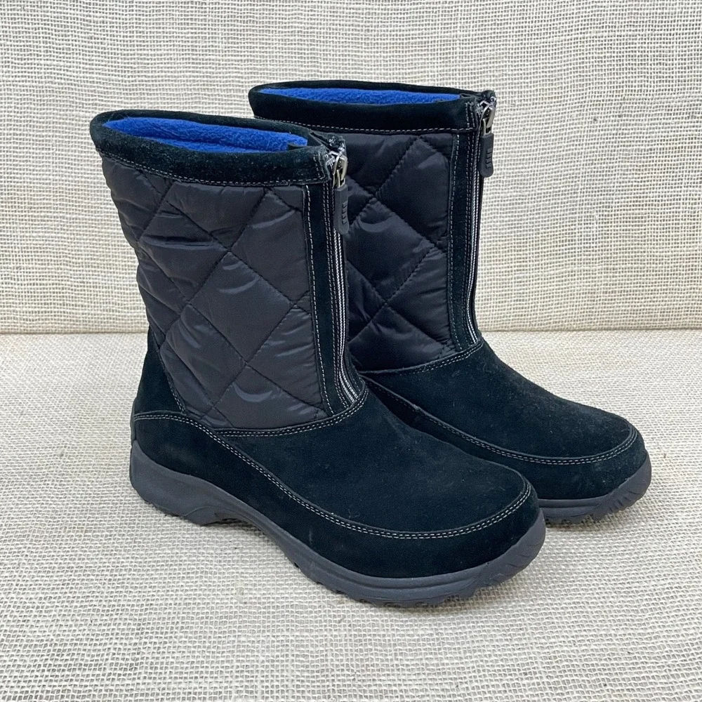 Lands' End Womens Black Suede Quilted Front Zip Winter Snow Boots‎ 7B 176848